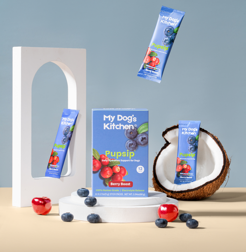 Pupsip Berry Boost hydration supplement for dogs by My Dog’s Kitchen, displayed with colorful ingredients including blueberries, cranberries, and coconut. Product box and stick packs are featured in a vibrant and modern setup for a healthy canine hydration solution